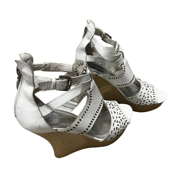 Guess Agenta White Leather Wooden Wedge Heels Sz 6.5 Womens Open Toe Ankle - Picture 15 of 16